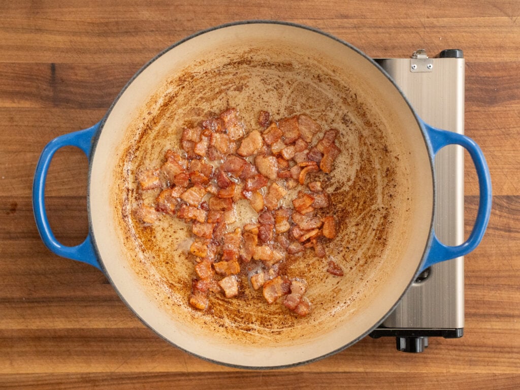 diced bacon rendering in blue dutch oven