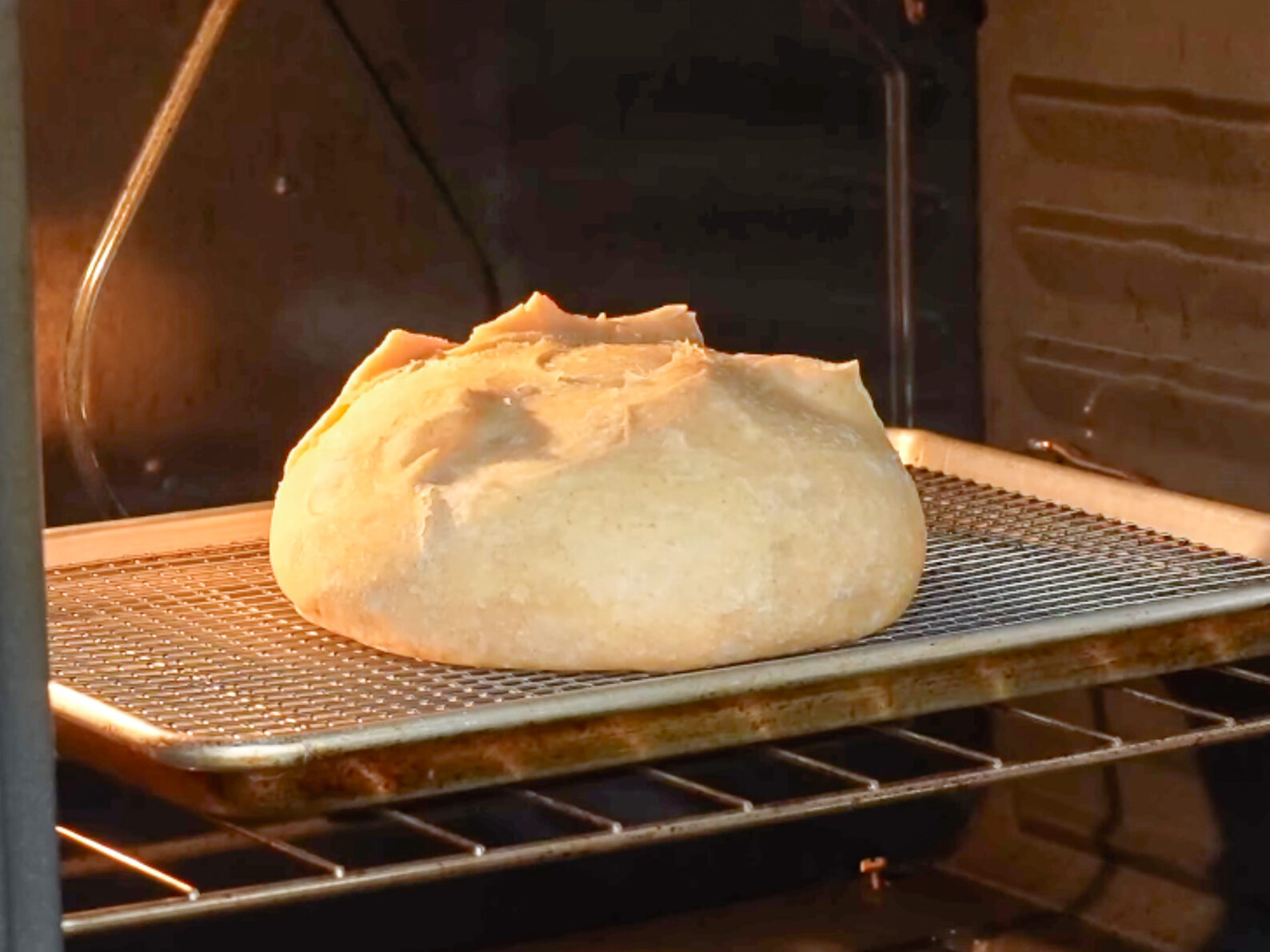 partially baked boule on sheet pan in an oven