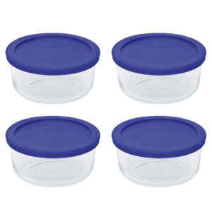4 glass bowls with blue lids
