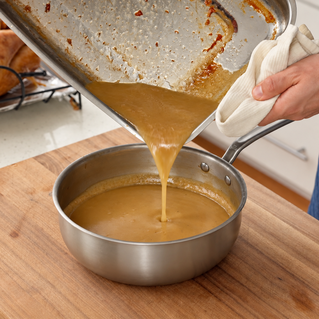 pouring turkey drippings into sauce pan with gravy