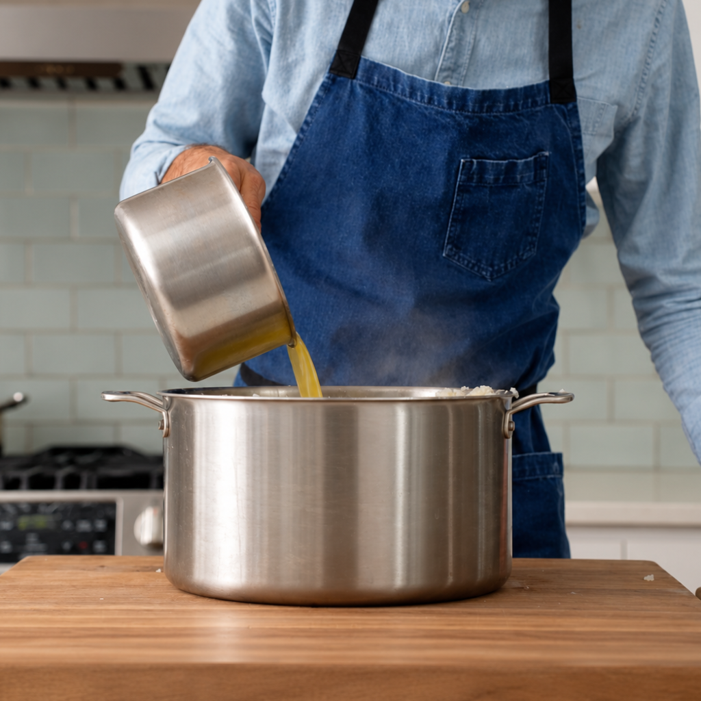 man in blue apron pouring butter into large stock pot