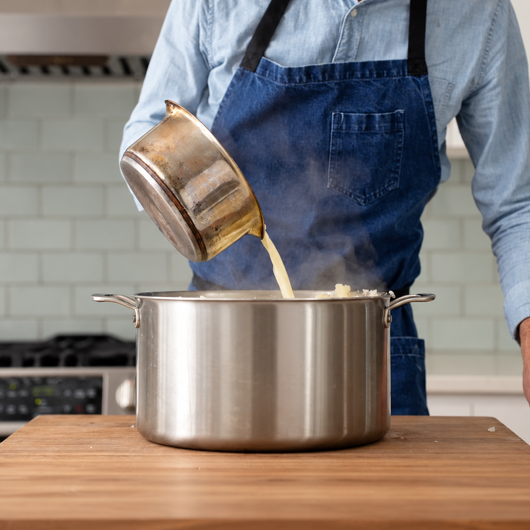 man in blue apron pouring cream into stock pot