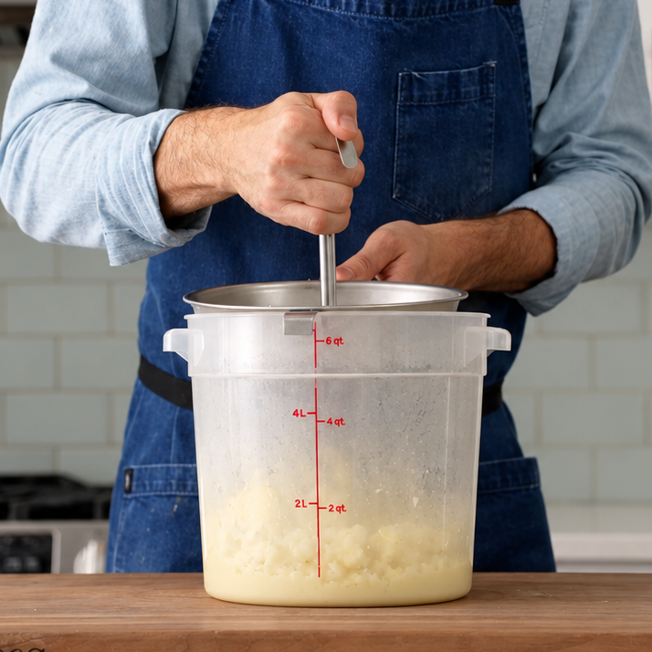 man pushing mashed potatoes through fine mesh strainer with ladle