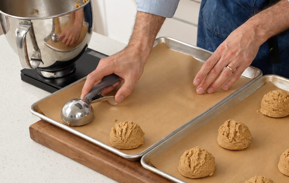 man using portion scoop to place mound of peanut butter cookie dough onto sheet tray