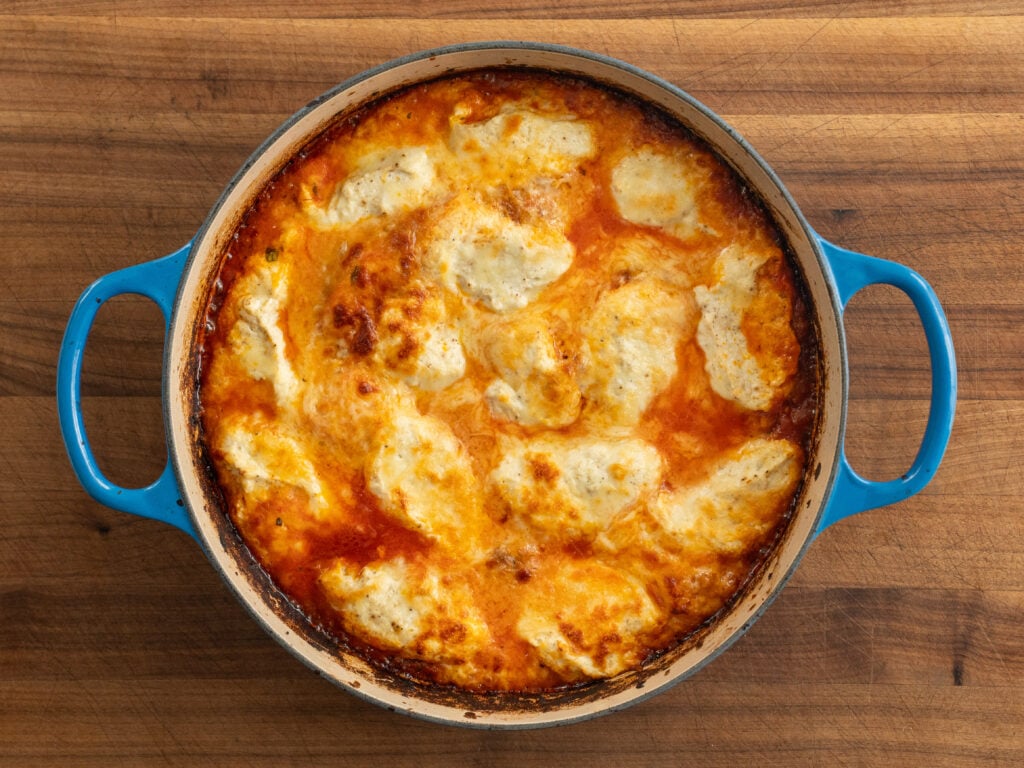 baked one pot lasagna in blue dutch oven