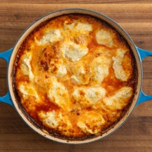 baked one pot lasagna in blue dutch oven