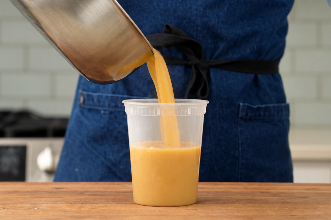 pouring turkey gravy from silver sauce pot into tall clear deli container