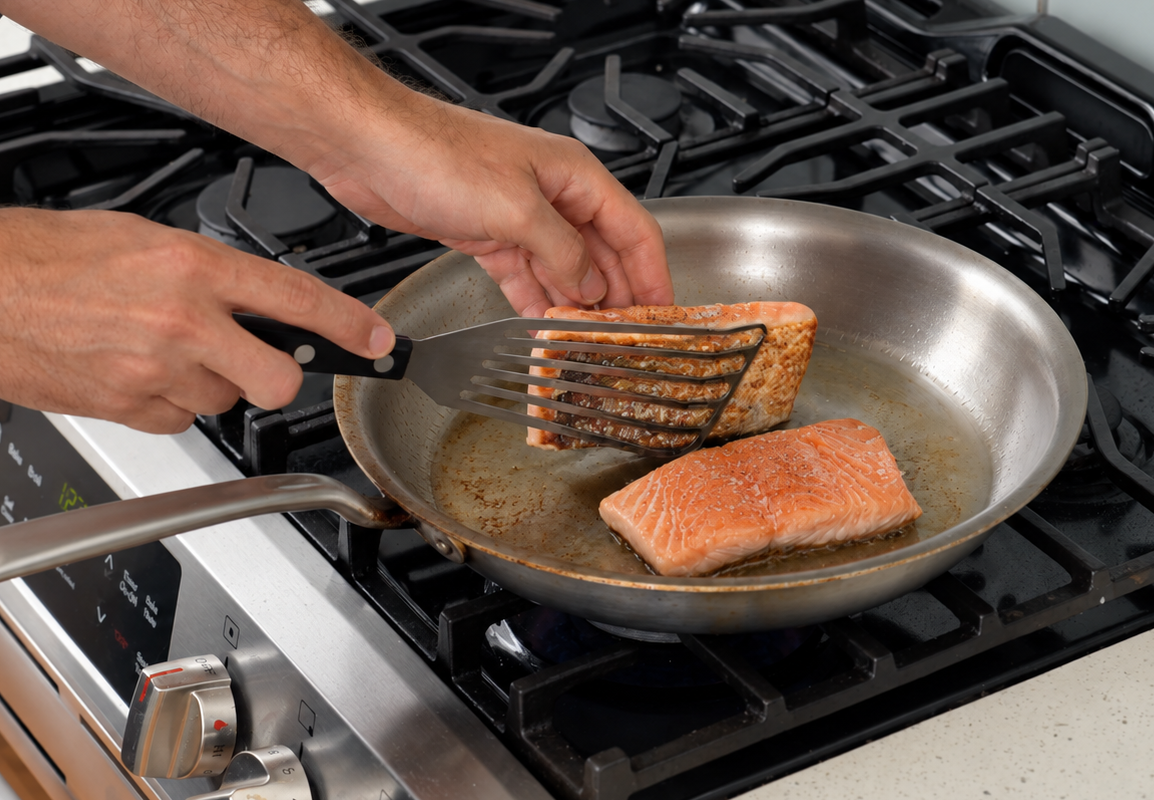 flipping piece of salmon in frying pan using metal spatula